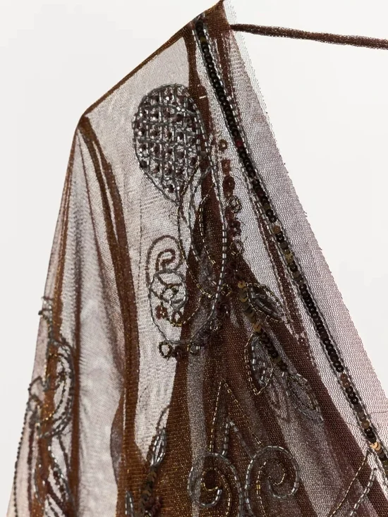 Zara Brown Sheer Beaded V-Neck Mini Dress - Picture 8 of 9